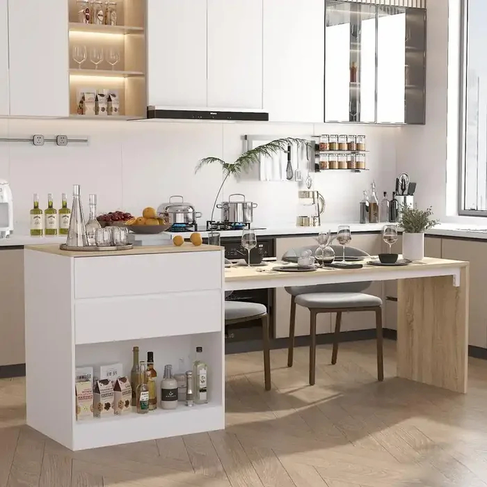 White Wood 94.5 in. W Kitchen Island Dining Bar Table With Table Top, Shelves, Drawers