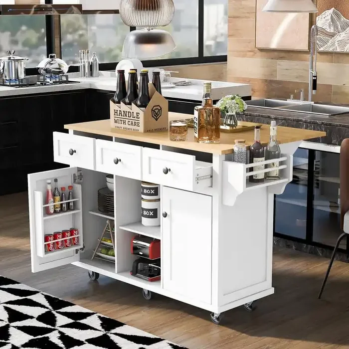 White Wood Drop-Leaf Countertop 53 in. Kitchen Island on 5-Wheels with Storage Cabinet and 3-Drawers