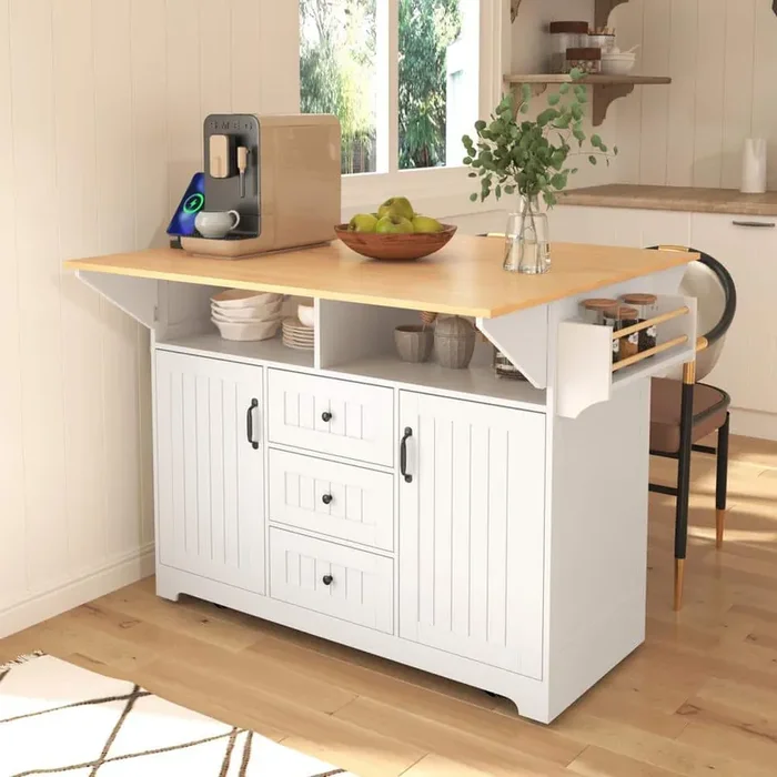 White Wood Kitchen Cart Folding Storage Dining Table with 2 Drop Leaf, Power Outlet