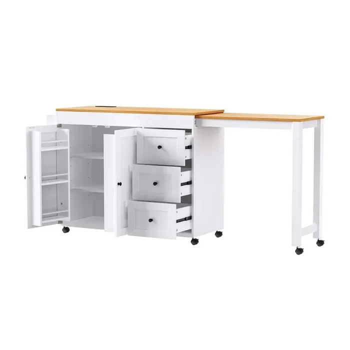 White Wood Kitchen Cart with Extendable Dining Table, Power Outlet, 3-Drawers, and 2-Door Cabinet
