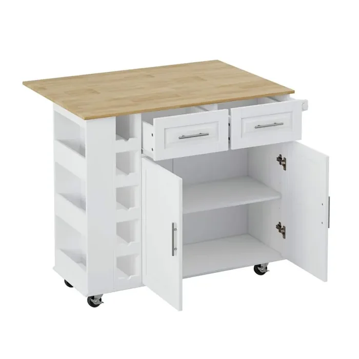White Wood Kitchen Cart with Foldable Top, Drawers, Spice Rack, Towel Holder, Wine Rack, and Adjustable shelf