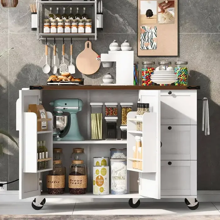 White Wood Kitchen Cart with Power Outlet, Kitchen Island with Drop Leaf, Spice Rack, Drawer and Storage Rack
