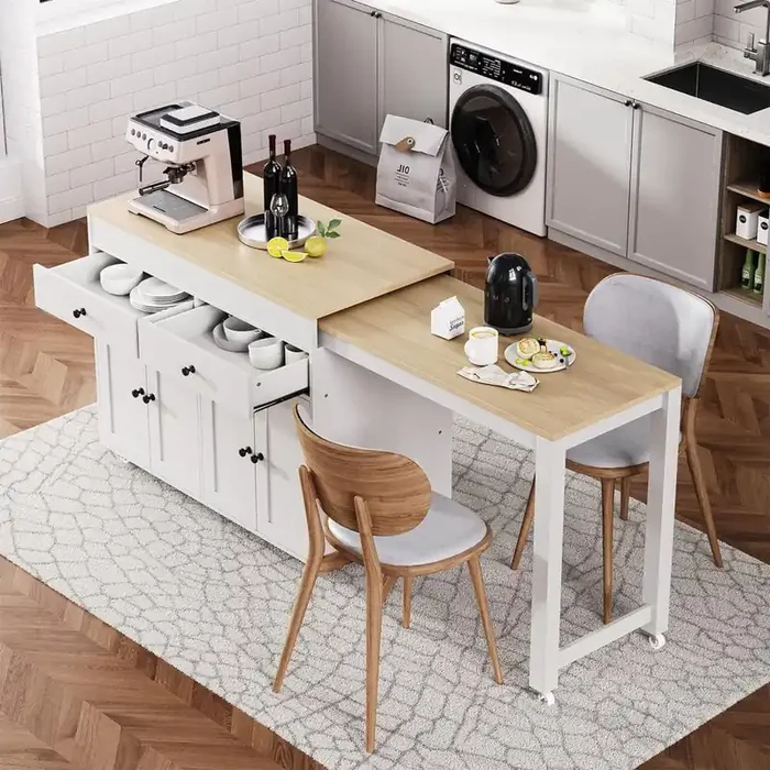 White Wood Kitchen Island Kitchen Cart with Extendable Dining Table, Spice Rack and 2-Drawers