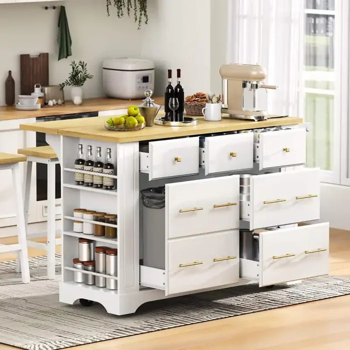 White Wood MDF 51.2 in. W Kitchen Island with 6 Drawers, Pull Out Trash Can Storage and 5 Open Side Racks