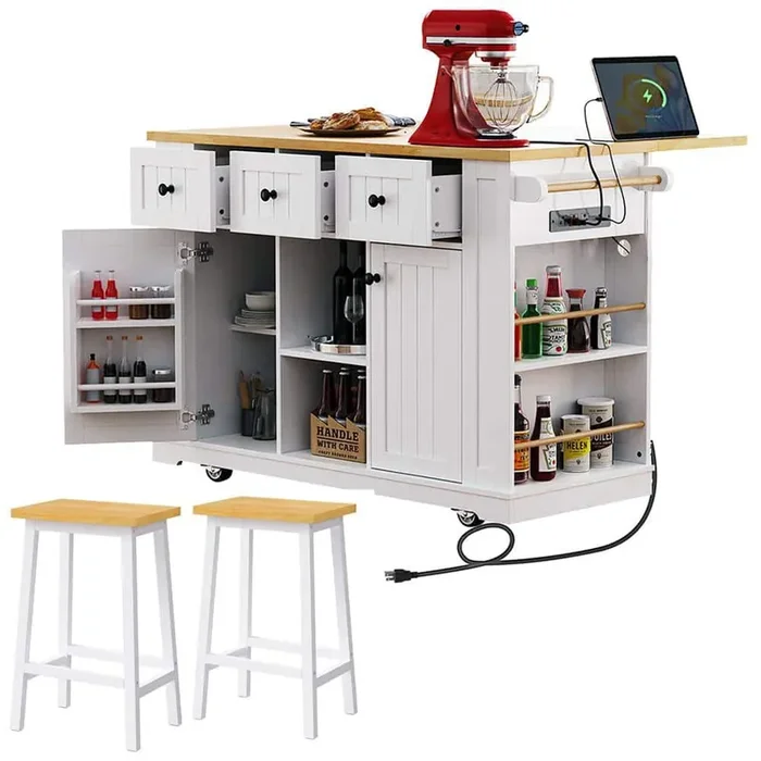 White Wood MDF 53 in. W Kitchen Island on 5 Wheels with 2 Bar Stools, Power Outlet and Drop Leaf