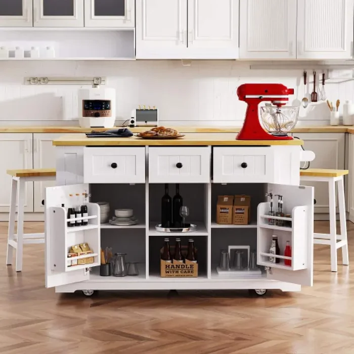 White Wood MDF 53 in. W Rolling Kitchen Island on 5 Wheels with Drop Leaf, 5 Open Side Racks and 3 Drawers