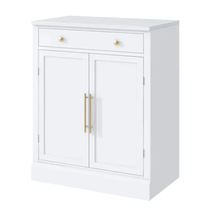 White Wood Pantry Organizer, Buffet Food Storage, with Drawer, 2-Adjustable Shelves and 2-Door Shelves