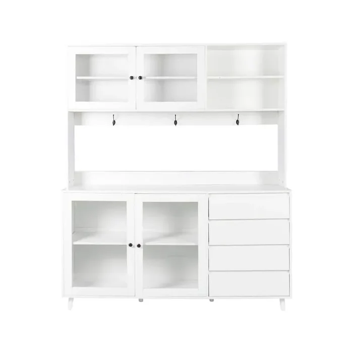 White Wood Pantry Organizer, Kitchen Hutch Cabinet with 4 Doors, 4 Drawers & Microwave Shelf