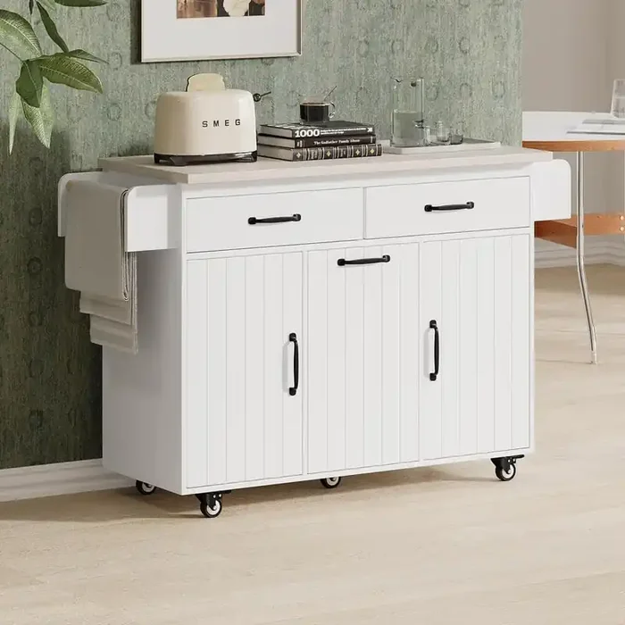 White Wood Particle Board 51.06 in. W. Kitchen Island on Wheels with Drop Leaf, Spice Rack, Towel Rack and Drawer
