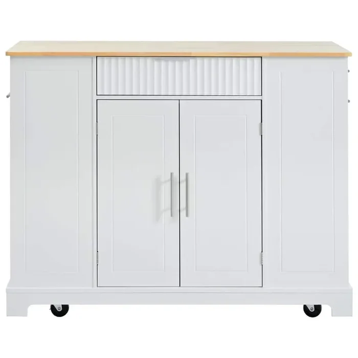 White Wood Tabletop 48.5 in. Kitchen Island on 5-Wheels with Trash Can Storage Cabinet, 3-Drawers and 3-Open Side Racks