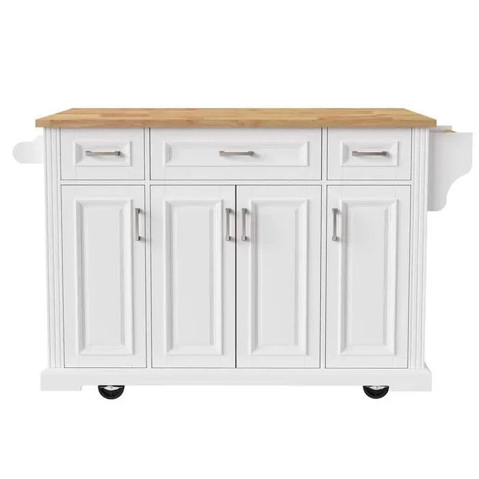 White Wood Top 54.10 in W Kitchen Island with Rubber Wood Drop Leaf, Kitchen Cart on 4 Wheels with 3 Drawers