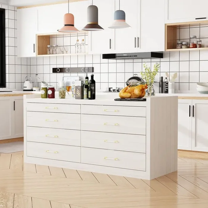 White Wooden Grain Wood 66.5 in. Width Kitchen Island, Chest of Drawers, Sideboard with 2 Open Shelves and 8 Drawers