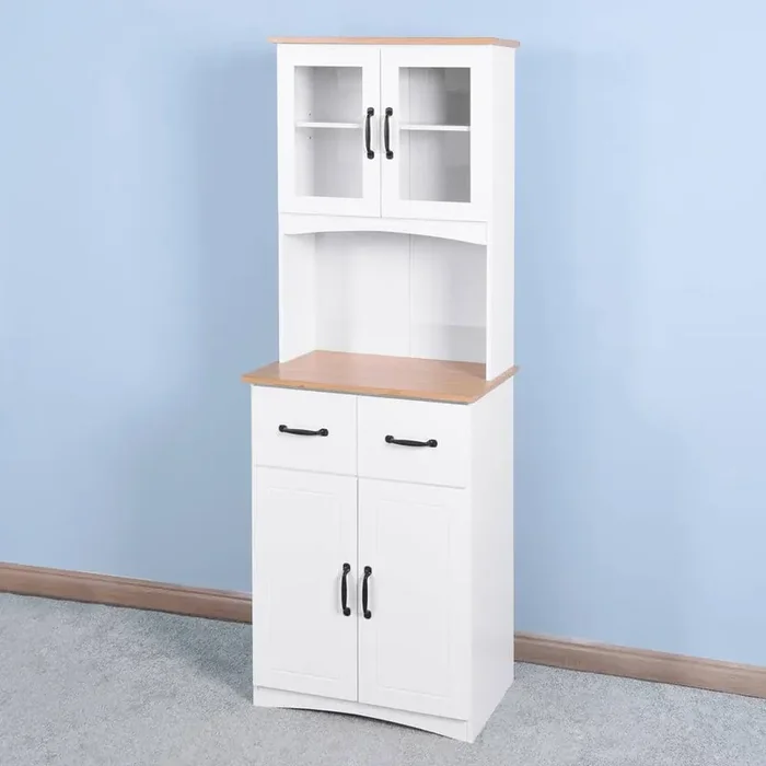 White Wooden Kitchen Cabinet Pantry Room Storage Microwave Cabinet with Framed Glass Doors and Drawer
