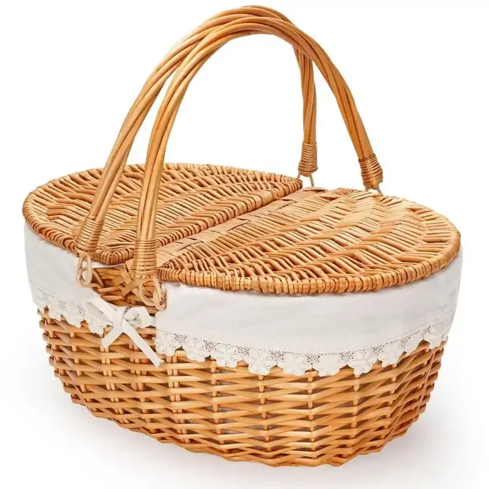 Wicker Empty Picnic Basket with Removable Liner, Lid and Folding Woven Handle for Camping