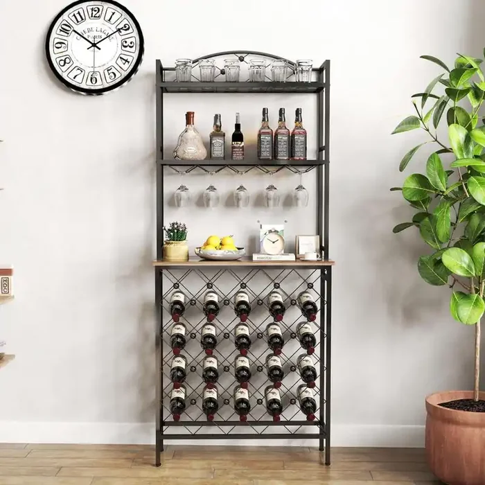 Wine Rack Bar Table, 3-Tier Liquor Bottle and Glass Holder with Storage Shelves, Metal and Wood Wine Organizer, Brown