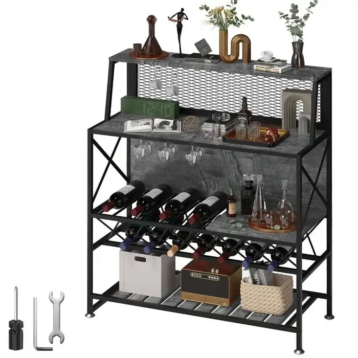 Wine Rack Home Bar Table Industrial Liquor Storage Cabinets Hold 12 Bottles Of Wine Iron Bakers Rack Freestanding, Gray