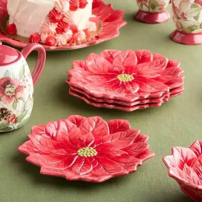 Winter Blooms 3-D Poinsettia Assorted Colors Ceramic 9 in. Dessert Plates (Set of 4)