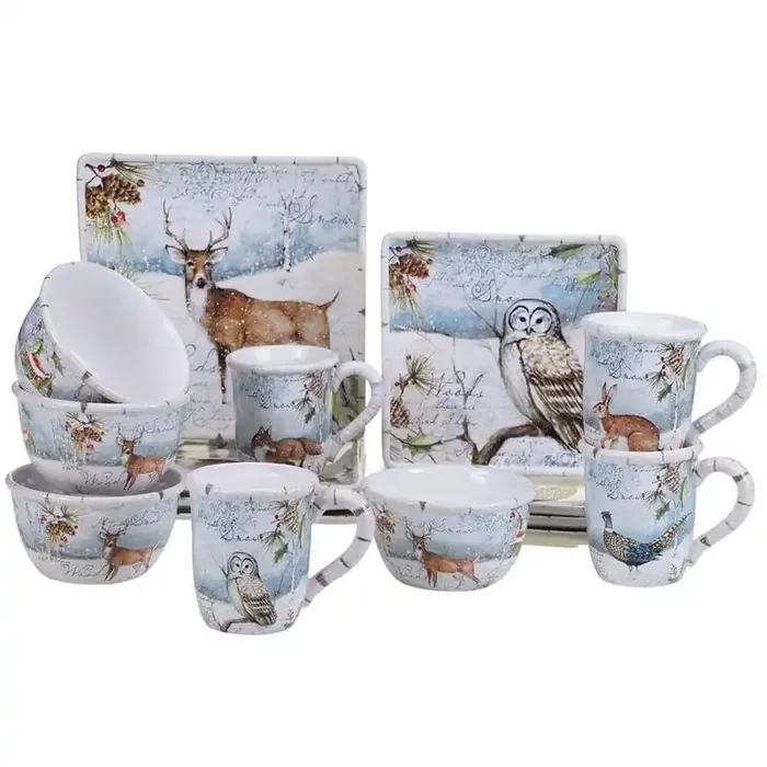 Winter‘s Lodge 16-Piece Seasonal Assorted Colors Ceramic Dinnerware Set (Service for 4)