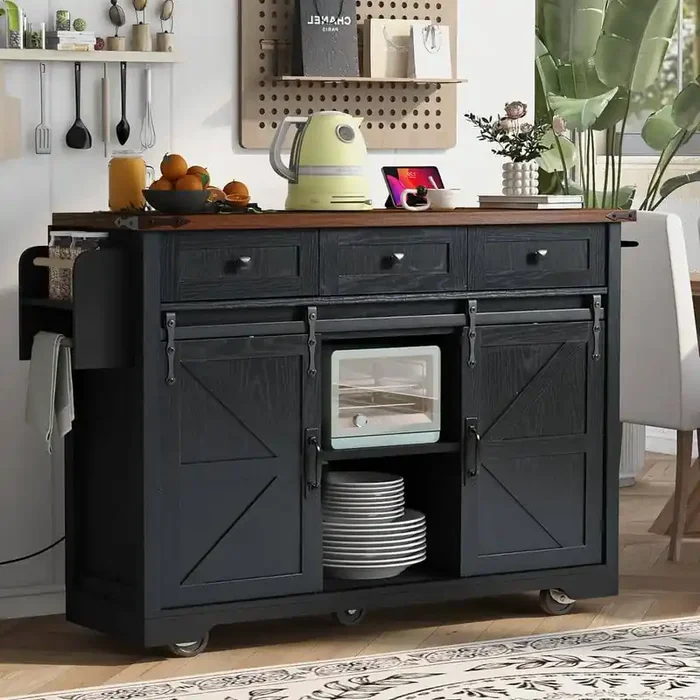 Wood 53.7 in. in. Kitchen Island with Power Outlet, 2 Sliding Barn Door, Drop Leaf and Wheels, Black/Brown
