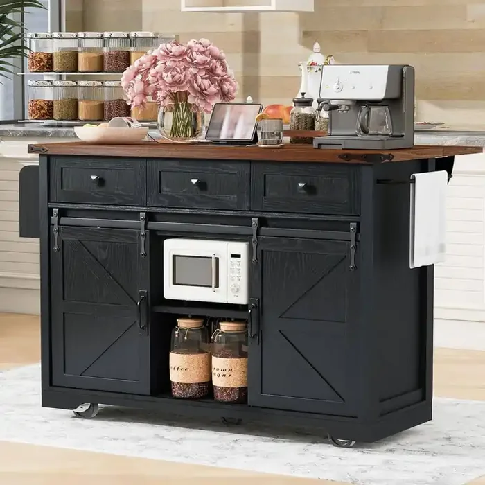 Wood Grain Countertop 53.7 in. W Black Kitchen Island on Wheels with Power Outlet and 3-Drawers