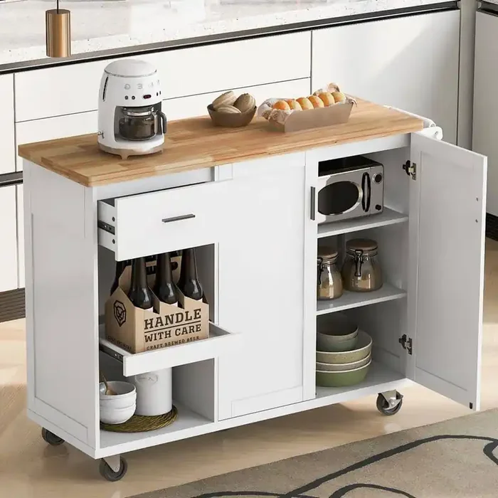 Wood White 47.2 in. W Kitchen Island with Foldable Counter Top Rolling Kitchen Cart on Wheels