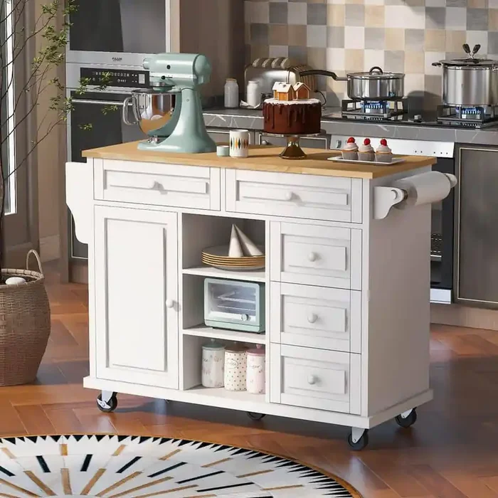 Wood White Kitchen Island with Storage and Towel Rack