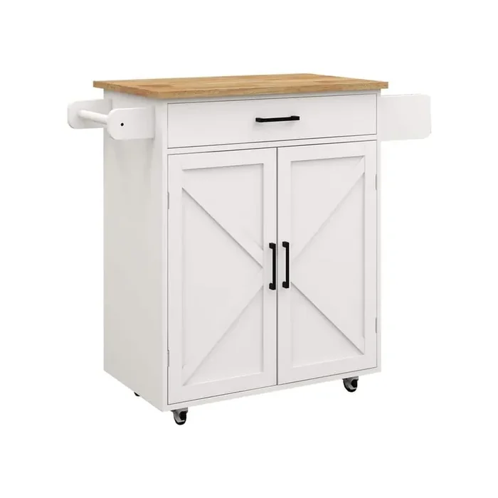 Wood White Rolling Trolley Cart 38 in. W x 13 in. D x 36 in. H Kitchen Island with Drawers