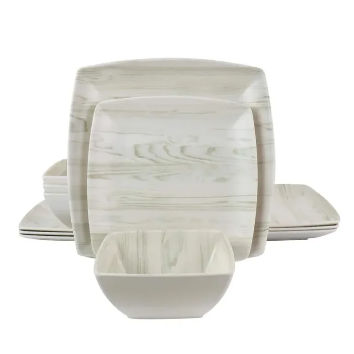 Woodgrain 12-Piece Melamine Dinnerware Set (Service for 4)