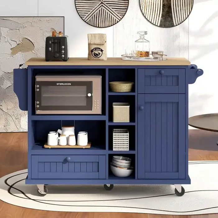 Zeus Dark Blue Wood 50.8 in. W Kitchen Island with Storage Cabinet and 2 Locking Wheels