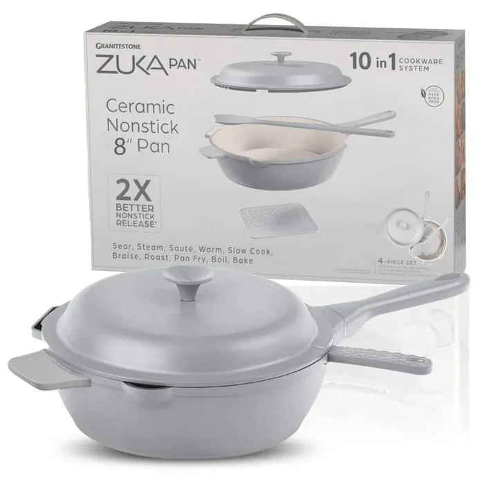Zuka Everyday Pan 1.25 qt. Aluminum 10 in 1 Ceramic Nonstick Multi-Functional Saute Pan with Lid, Nylon Spoon