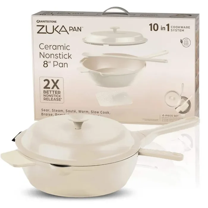 Zuka Everyday Pan 1.25 qt. Aluminum 10 in 1 Ceramic Nonstick Multi-Functional Saute Pan with Lid, Nylon Spoon