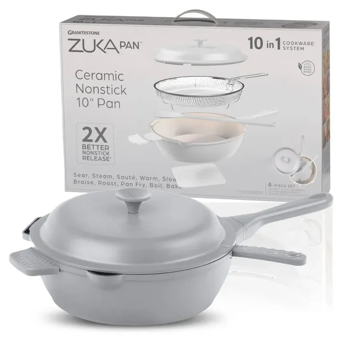 Zuka Everyday Pan 3.25 qt. Ceramic 10 in 1 Nonstick Multi-Functional Saute Pan with Lid, Nylon Spoon, and Steamer Basket
